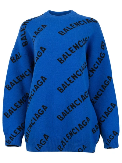 Shop Balenciaga Wool Allover Logo Sweater Blue And Black