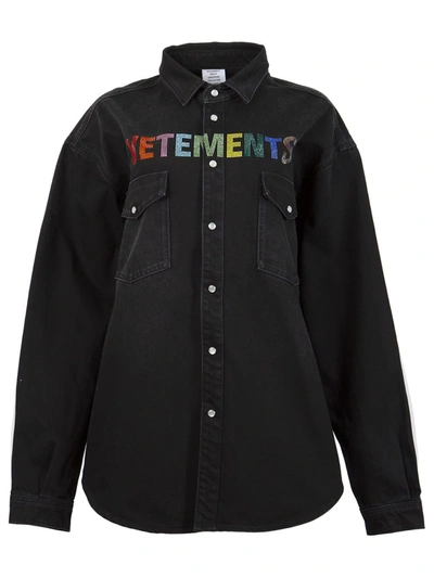 Shop Vetements Multicolour Crystal Logo Denim Shirt Black