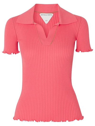 Shop Bottega Veneta Ribbed Ruffled Cotton Polo Top In Pink