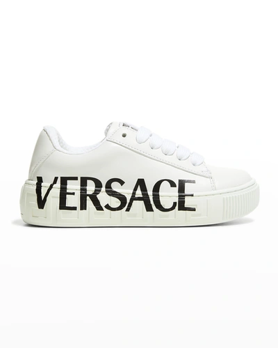 Shop Versace Kid's Greca Logo Leather Low-top Sneakers, Toddlers In White Black