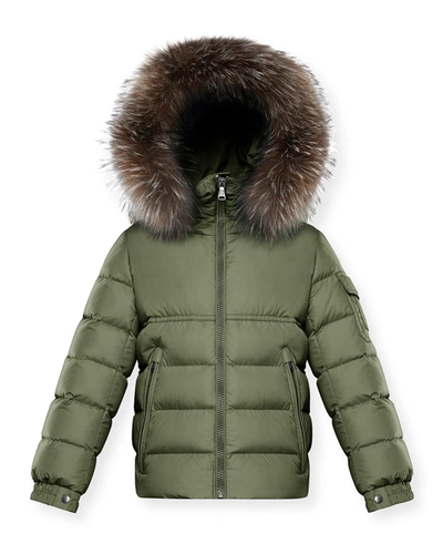 Shop Moncler Boy's Byron Quilted Fur-trim Jacket In 89a Army Green