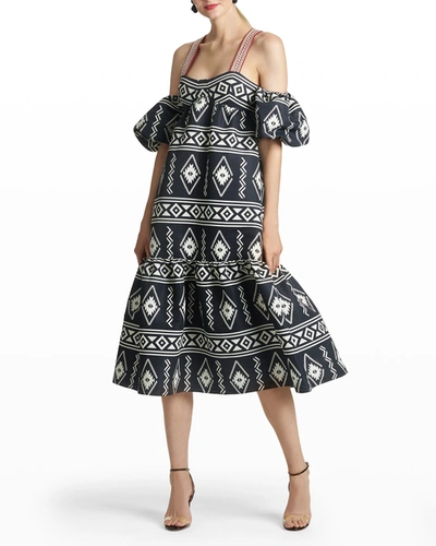 Shop Sachin & Babi Luna Sweetheart Cold-shoulder Midi Dress In Aztec Borders Bla