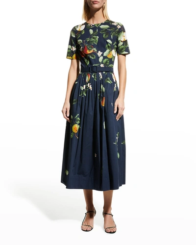 Shop Oscar De La Renta Degrade Apple Blossom-print Belted Poplin Midi Dress In Navy Multi