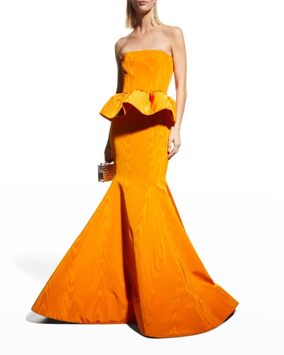 Shop Oscar De La Renta Strapless Peplum Moire Faille Gown In Amber