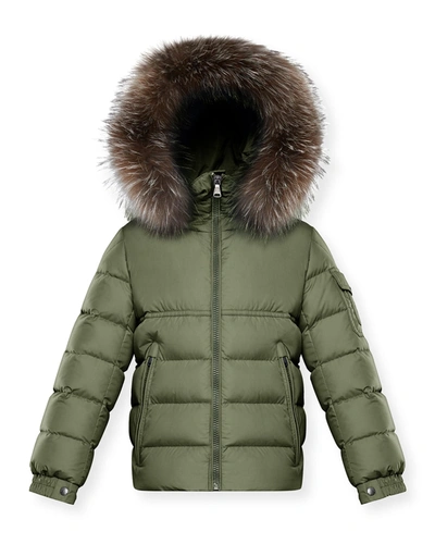 Shop Moncler Boy's Byron Quilted Fur-trim Jacket In 89a Army Green