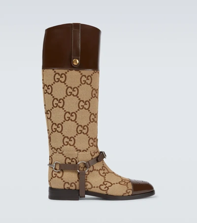 Shop Gucci Leather-trimmed Knee-high Boots In Camel Ebony/new Acer