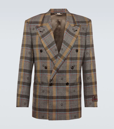 Shop Gucci Checked Wool Blazer In Brown/beige/mc