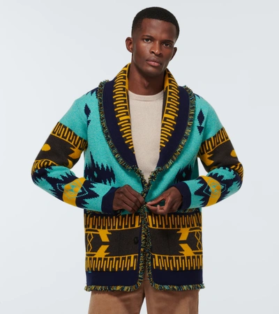 Shop Alanui Icon Jacquard-knit Cashmere Cardigan In Turquoise