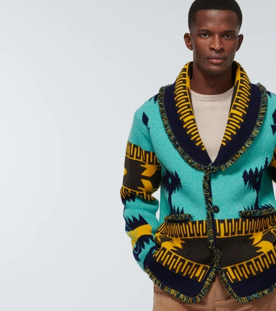 Shop Alanui Icon Jacquard-knit Cashmere Cardigan In Turquoise