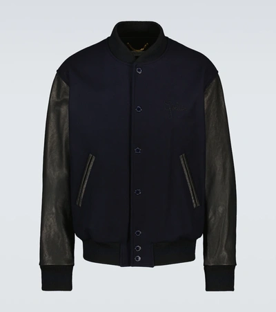 Shop Golden Goose Wool And Leather Bomber Jacket In Dark Blue/black