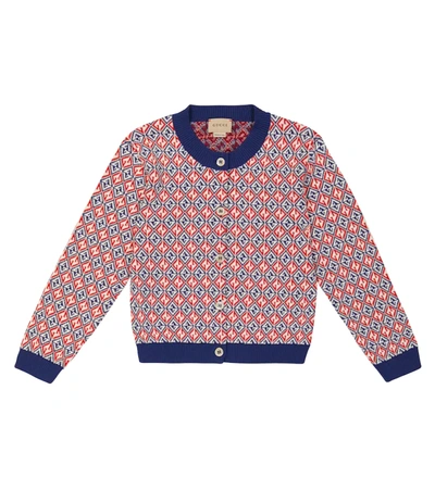 Shop Gucci Cotton Jacquard Cardigan In Navy/red/white