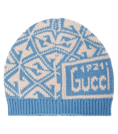 Shop Gucci Baby G Rhombus Wool Jacquard Beanie In Perwinkle/ivory