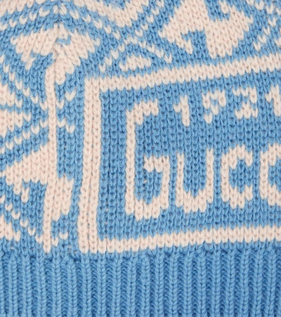 Shop Gucci Baby G Rhombus Wool Jacquard Beanie In Perwinkle/ivory