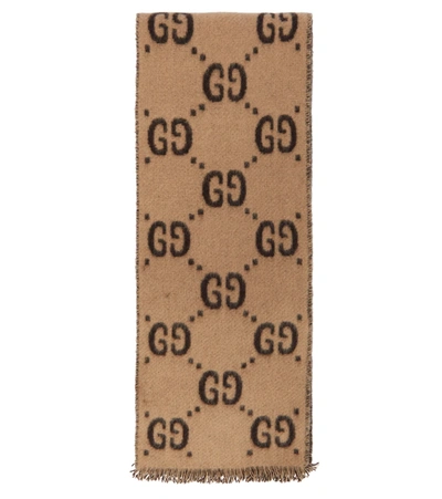 Shop Gucci Gg Jacquard Wool Scarf In Beige/dark Brown