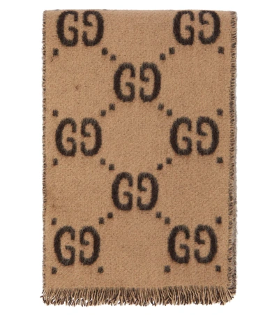 Shop Gucci Gg Jacquard Wool Scarf In Beige/dark Brown