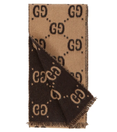 Shop Gucci Gg Jacquard Wool Scarf In Beige/dark Brown
