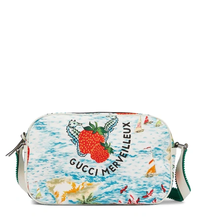 Shop Gucci Strawberry Printed Shoulder Bag In Lt Blu Red/dus.wh/em