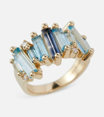 Suzanne Kalan 14kt Gold Ring With Topaz And White Diamonds In Blue Mix