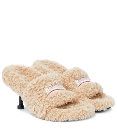 Shop Balenciaga Furry 80 Faux Shearling Sandals In Beige/white/red