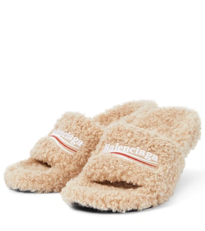Shop Balenciaga Furry 80 Faux Shearling Sandals In Beige/white/red