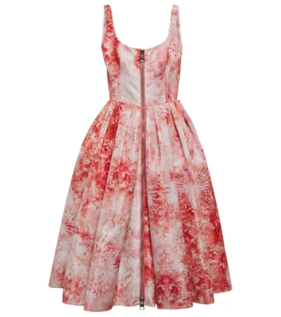 Shop Alexander Mcqueen Printed Polyfaille Midi Dress In Red Mix