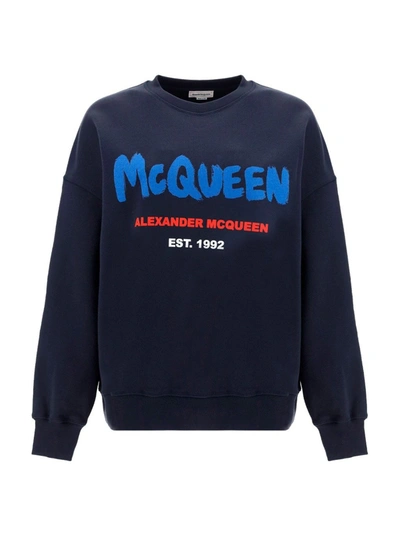 Shop Alexander Mcqueen Logo Printed Crewneck Sweatshirt In Navy