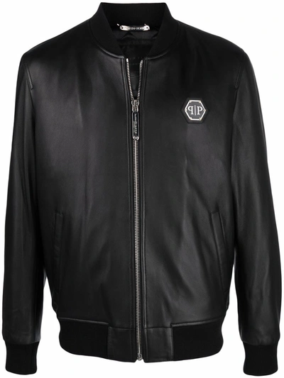 Shop Philipp Plein Logo Zipped Bomber Jacket In Black