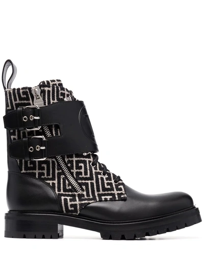 Balmain Bicolor Smooth And Monogram Jacquard Phil Ranger Ankle Boots In Black