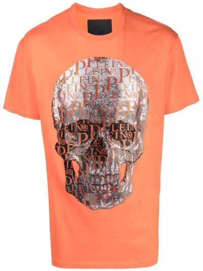 Shop Philipp Plein Beaded Logo-skull T-shirt In Orange