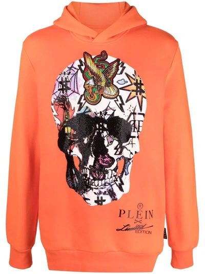 Shop Philipp Plein Graphic-print Long-sleeve Hoodie In Orange