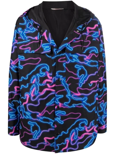 Shop Valentino Neon Camou Print Hooded Shirt Jacket In Blue