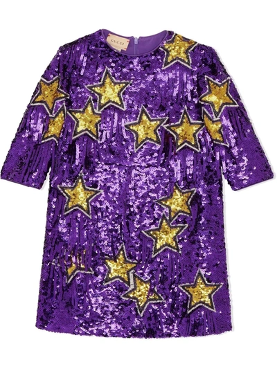 Shop Gucci Star-sequin Silk Dress In Purple