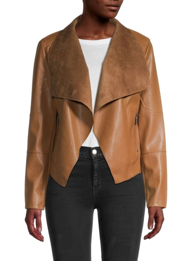 Shop Bagatelle Open Front Faux Leather Jacket In Saddle