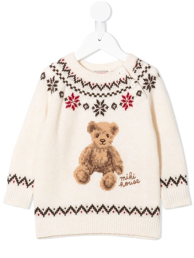 Miki House Teddy Bear Intarsia Jumper In Neutrals