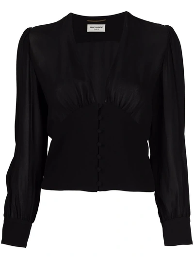 Shop Saint Laurent Buttoned-up V-neck Blouse In Black