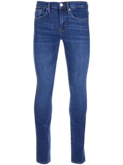 Shop Frame Straight Leg Logo Patch Jeans In Blue