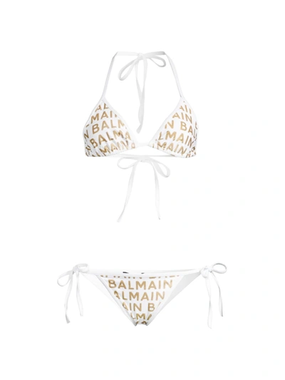 Shop Balmain 2-piece Logo Triangle Bikini Set In White Gold