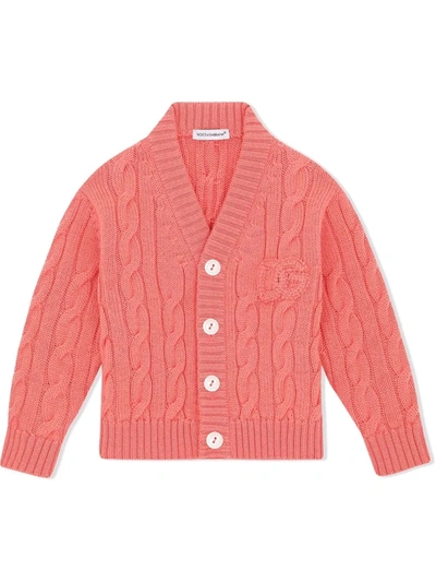 Shop Dolce & Gabbana Cable Knit Logo Cardigan In Pink