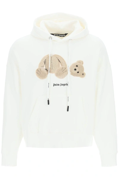 Shop Palm Angels Bear Embroidery Hoodie In White,beige