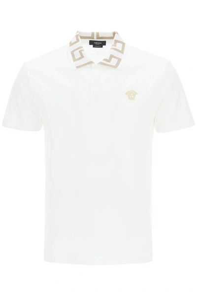 Shop Versace Greca Patterned Collar Polo In White,gold