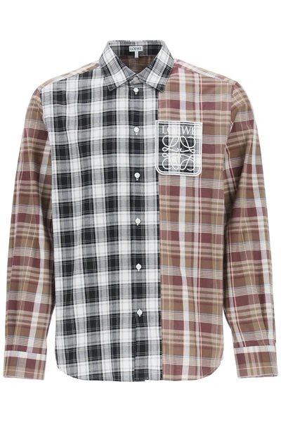 Shop Loewe Patchwork Check Shirt In Black,white,beige,red
