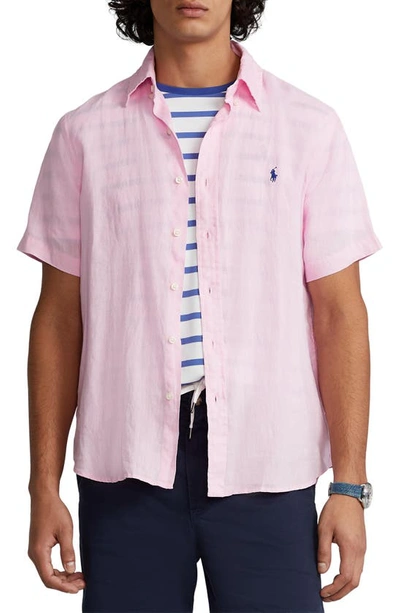 Shop Polo Ralph Lauren Linen Short Sleeve Button-up Shirt In Carmel Pink