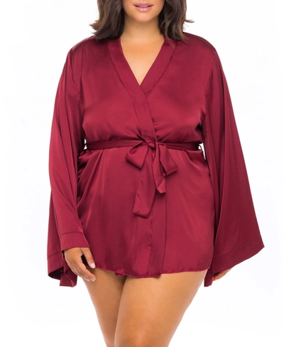 Shop Oh La La Cheri Plus Size Short Polyester Charmeuse Robe With Wide Sleeves And A Tie Belt In Rhubarb