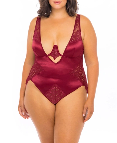 Shop Oh La La Cheri Plus Size High Apex Lingerie Teddy With Deep Plunging Neckline And Lace Inserts In Rhubarb