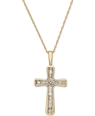 Macy's Diamond Baguette Cross Adjustable Pendant Necklace (1/5 Ct. T.w) In 10k White Or Yellow Gold In Yellow Gold