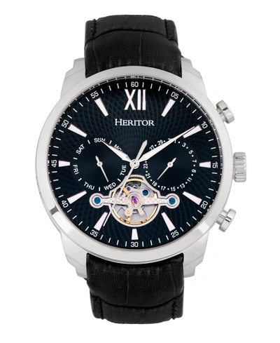 Shop Heritor Automatic Arthur Silver Case, Black Dial, Genuine Black Leather Watch 45mm