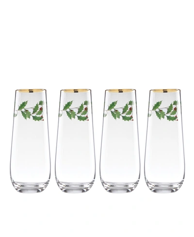 Lenox Holiday 4-piece Stemless Toasting Flutes In Clear Glass With Holly Leaves And Berrie