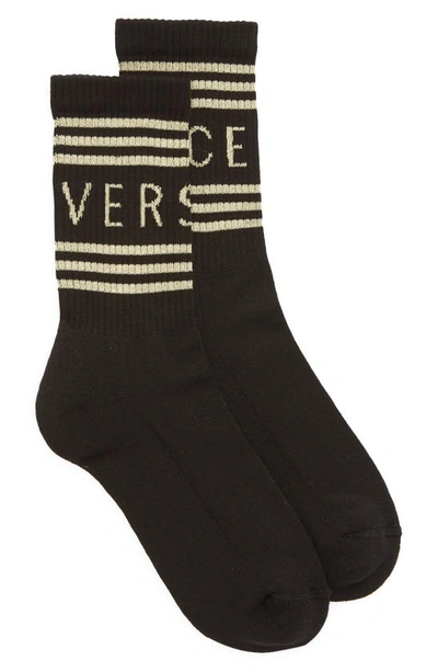 Shop Versace First Line Stripe Crew Socks In Black-gold