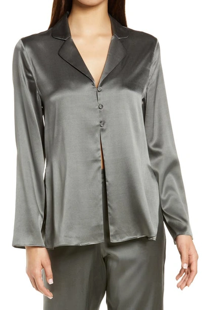 Shop Skims Sandwashed Open Neck Stretch Silk Pajama Top In Gunmetal