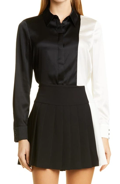 Shop Alice And Olivia Willa Colorblock Hidden Placket Stretch Silk Top In Black/ Off White